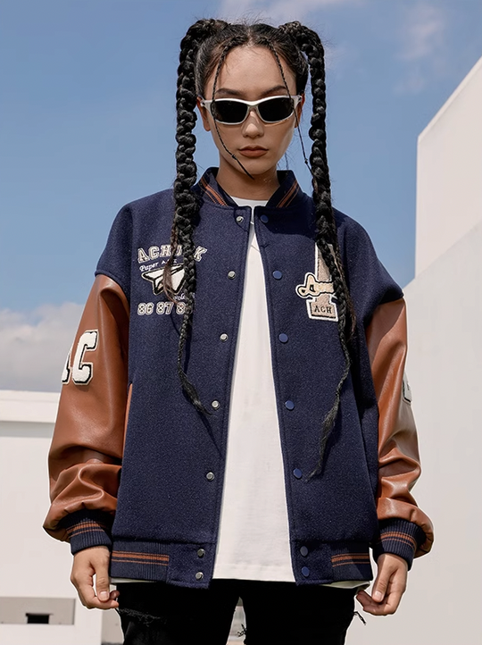 Baseball Jacket | Achock Airplane Embroidery Leather Baseball Jacket | Face 3 Face