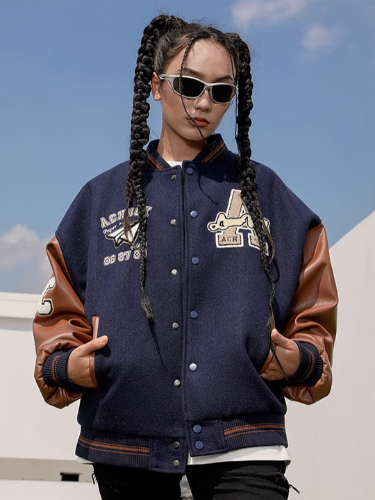 Baseball Jacket | Achock Airplane Embroidery Leather Baseball Jacket | Face 3 Face