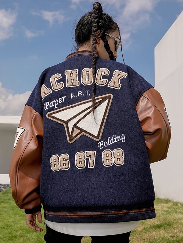 Baseball Jacket | Achock Airplane Embroidery Leather Baseball Jacket | Face 3 Face