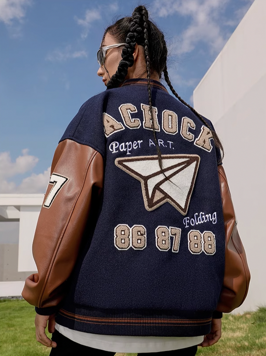 Baseball Jacket | Achock Airplane Embroidery Leather Baseball Jacket | Face 3 Face