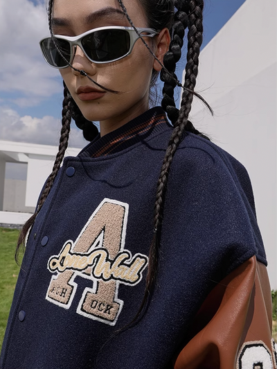 Achock Airplane Embroidery Leather Baseball Jacket