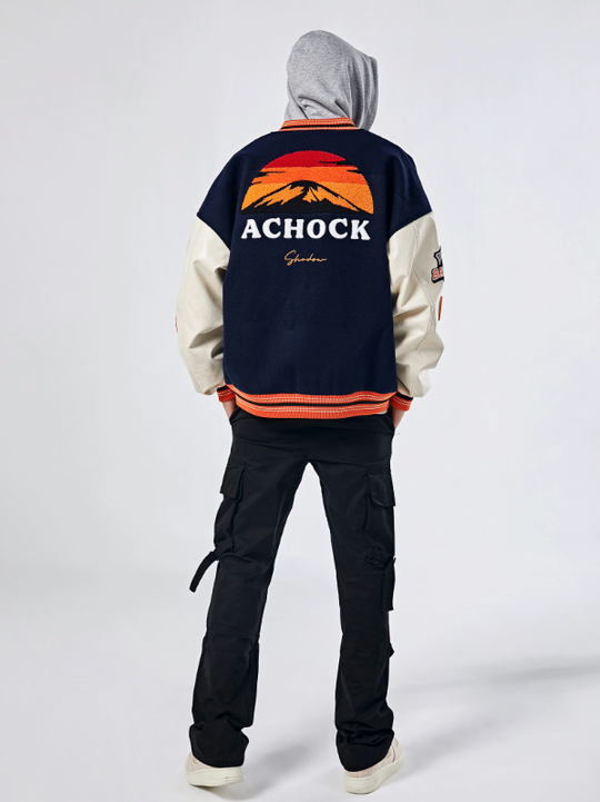Achock Mountain Sunset Embroidery Baseball Jacket
