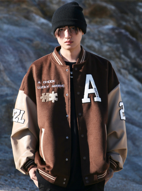 Achock Puzzle Embroidery Leather Embroidery Baseball Jacket