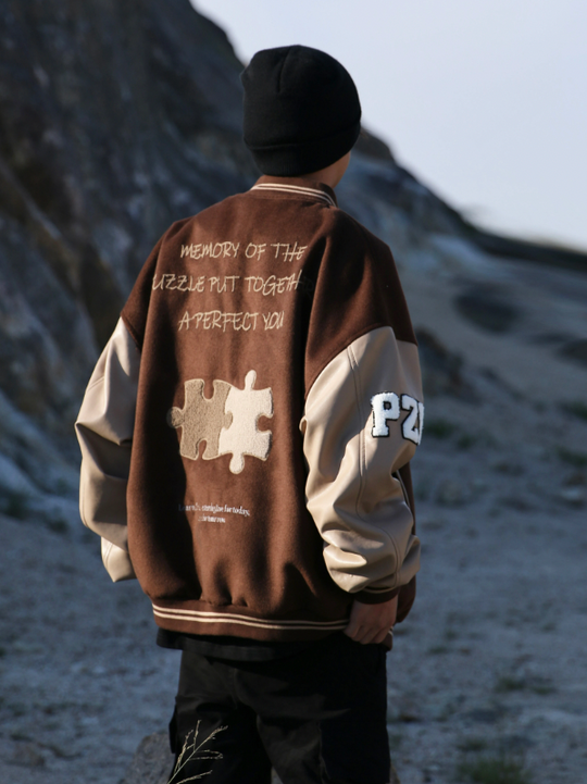 Achock Puzzle Embroidery Leather Embroidery Baseball Jacket