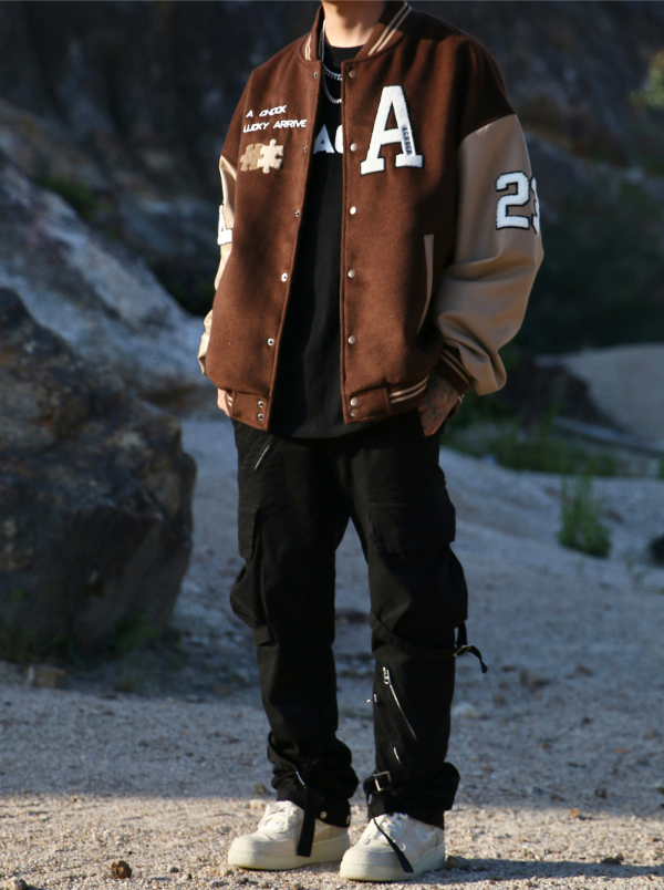 Achock Puzzle Embroidery Leather Embroidery Baseball Jacket