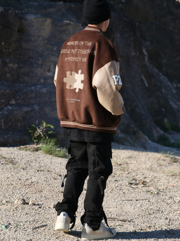 Achock Puzzle Embroidery Leather Embroidery Baseball Jacket