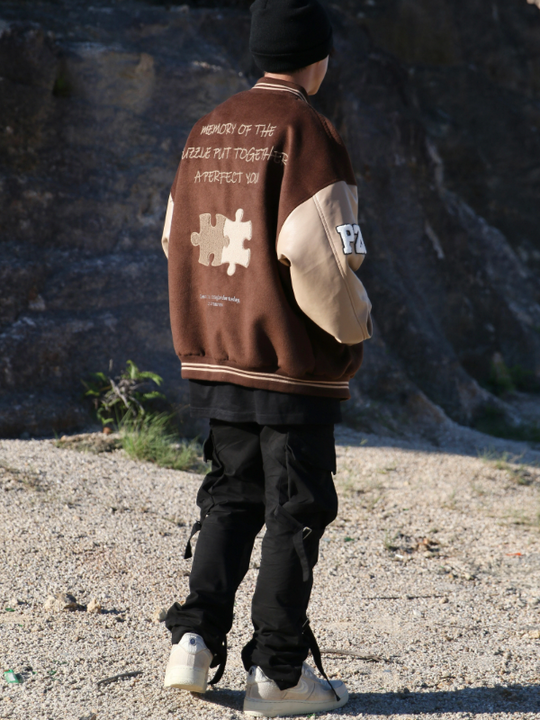 Achock Puzzle Embroidery Leather Embroidery Baseball Jacket