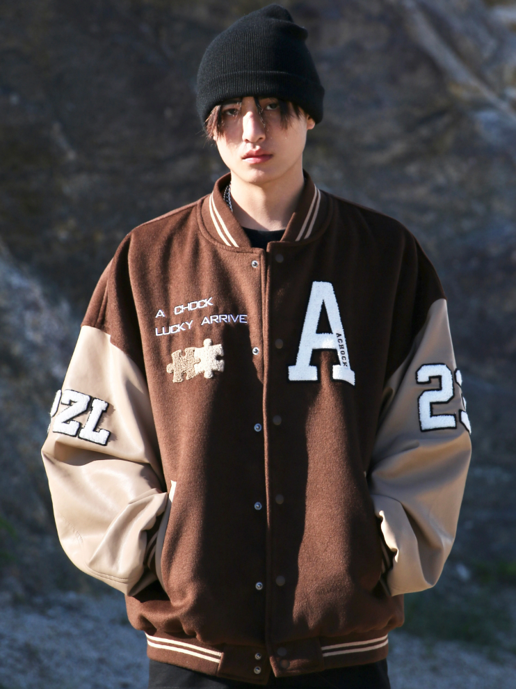 Achock Puzzle Embroidery Leather Embroidery Baseball Jacket
