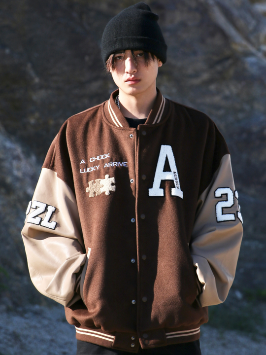 Achock Puzzle Embroidery Leather Embroidery Baseball Jacket