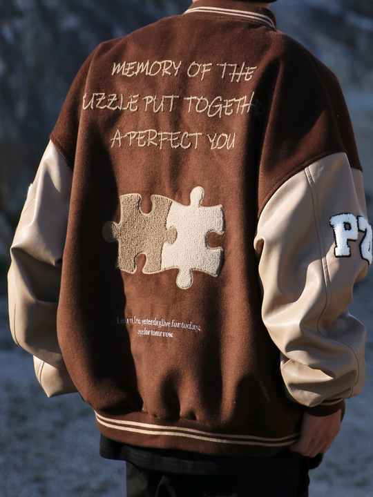Achock Puzzle Embroidery Leather Embroidery Baseball Jacket