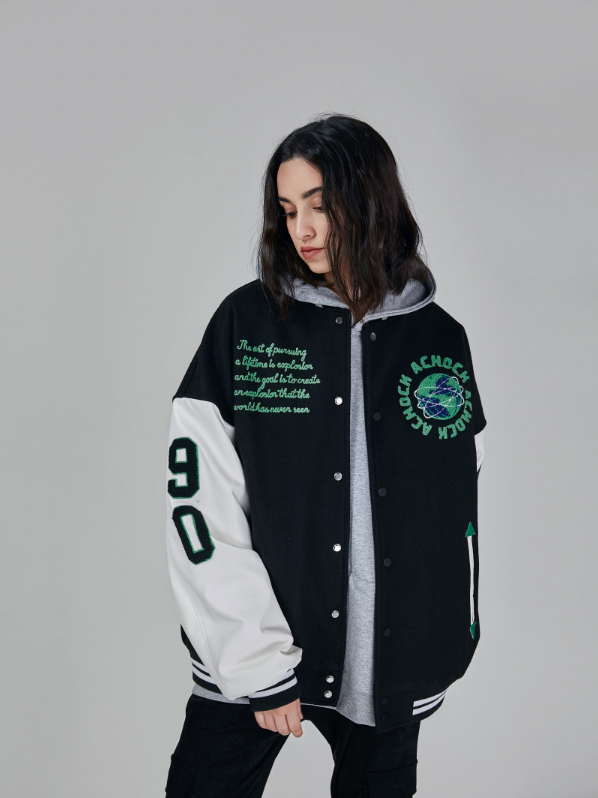 Baseball Jacket | Achock Earth Circle Logo Embroidery Baseball Jacket | Face 3 Face