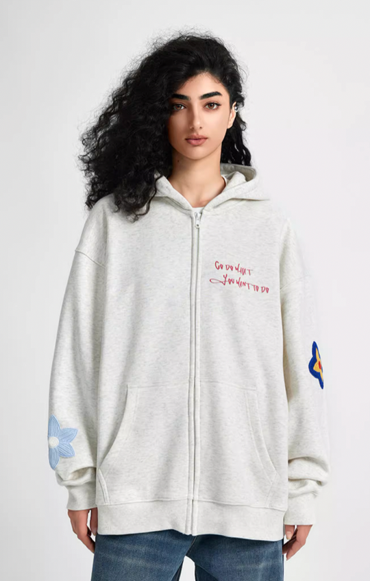 Achock Floral Embroidery Zipper Hoodie