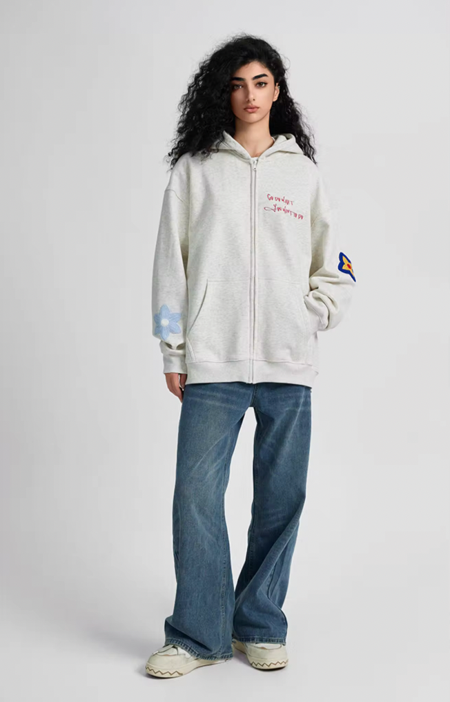 Achock Floral Embroidery Zipper Hoodie