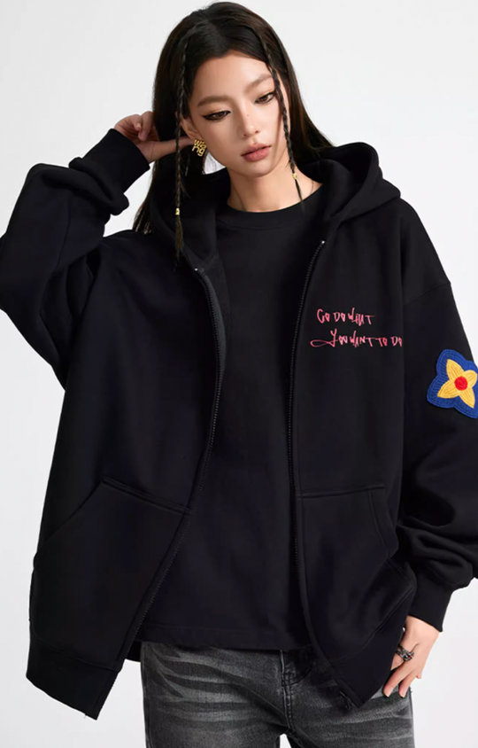 Achock Floral Embroidery Zipper Hoodie