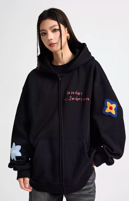 Achock Floral Embroidery Zipper Hoodie