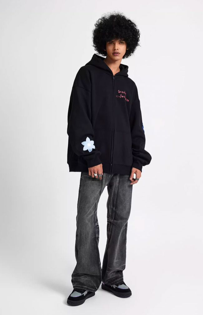 Achock Floral Embroidery Zipper Hoodie