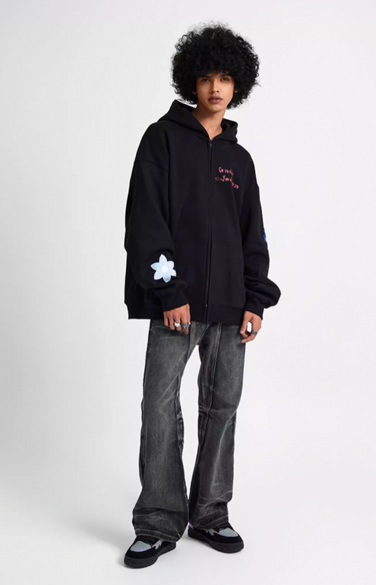Achock Floral Embroidery Zipper Hoodie