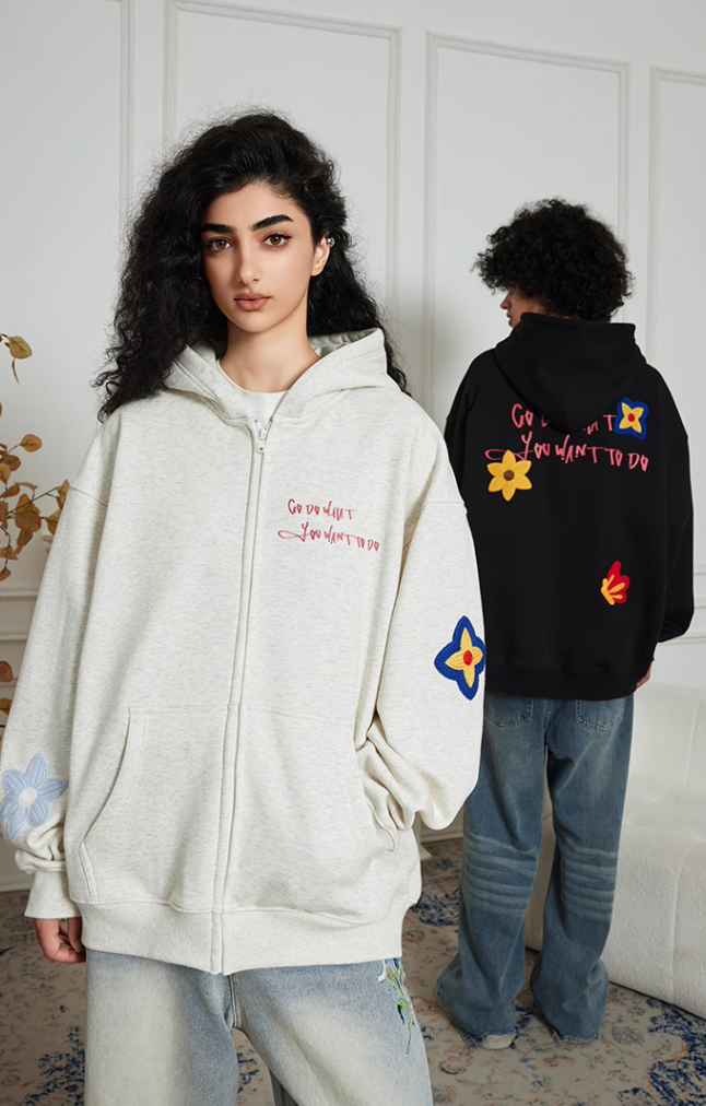 Achock Floral Embroidery Zipper Hoodie