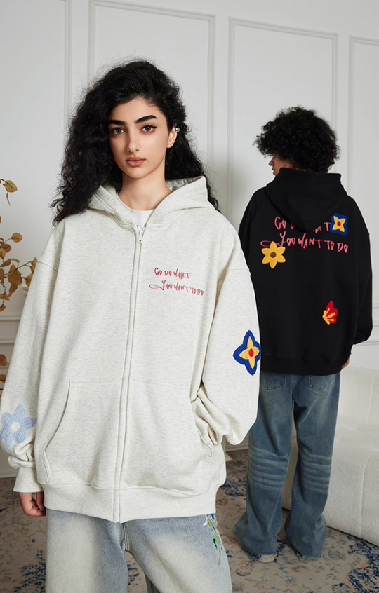 Achock Floral Embroidery Zipper Hoodie
