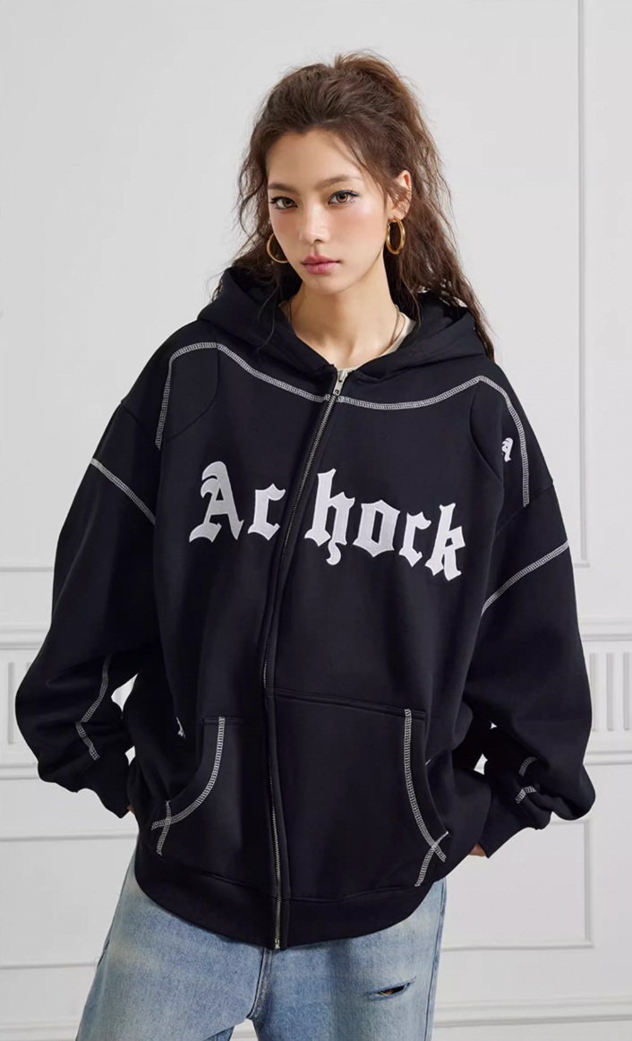 Puff print hoodies | Achock Heavy Embroidery Zipper Hoodie | Face 3 Face