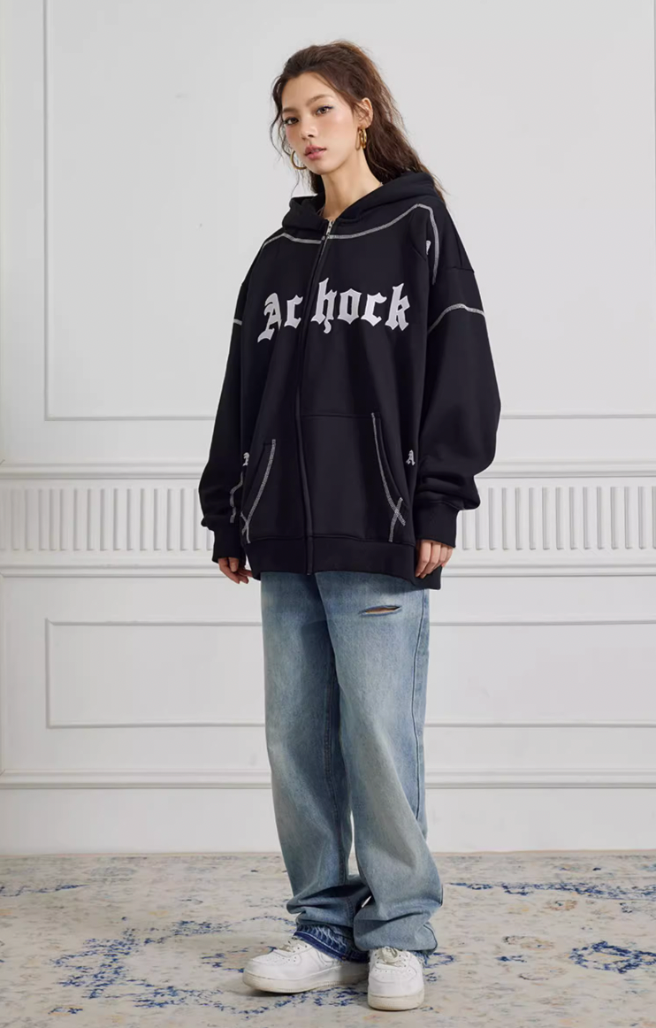 Puff print hoodies | Achock Heavy Embroidery Zipper Hoodie | Face 3 Face