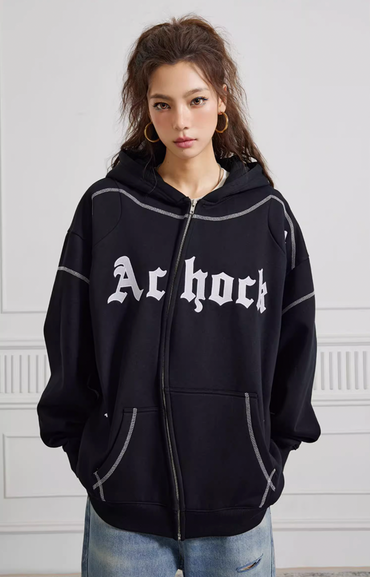 Puff print hoodies | Achock Heavy Embroidery Zipper Hoodie | Face 3 Face