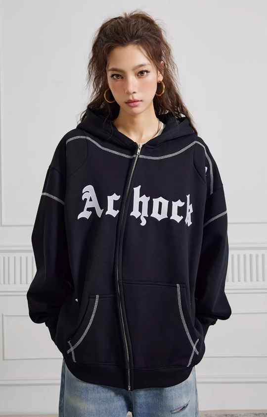 Puff print hoodies | Achock Heavy Embroidery Zipper Hoodie | Face 3 Face