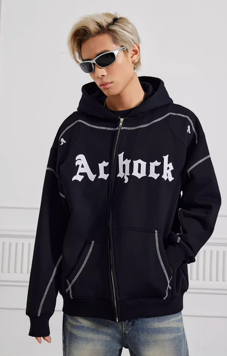 Puff print hoodies | Achock Heavy Embroidery Zipper Hoodie | Face 3 Face