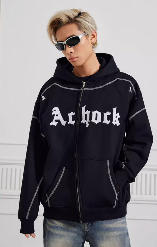 Puff print hoodies | Achock Heavy Embroidery Zipper Hoodie | Face 3 Face