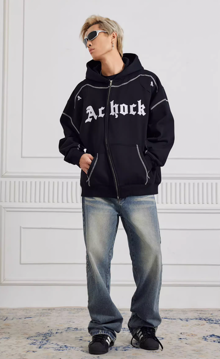 Puff print hoodies | Achock Heavy Embroidery Zipper Hoodie | Face 3 Face