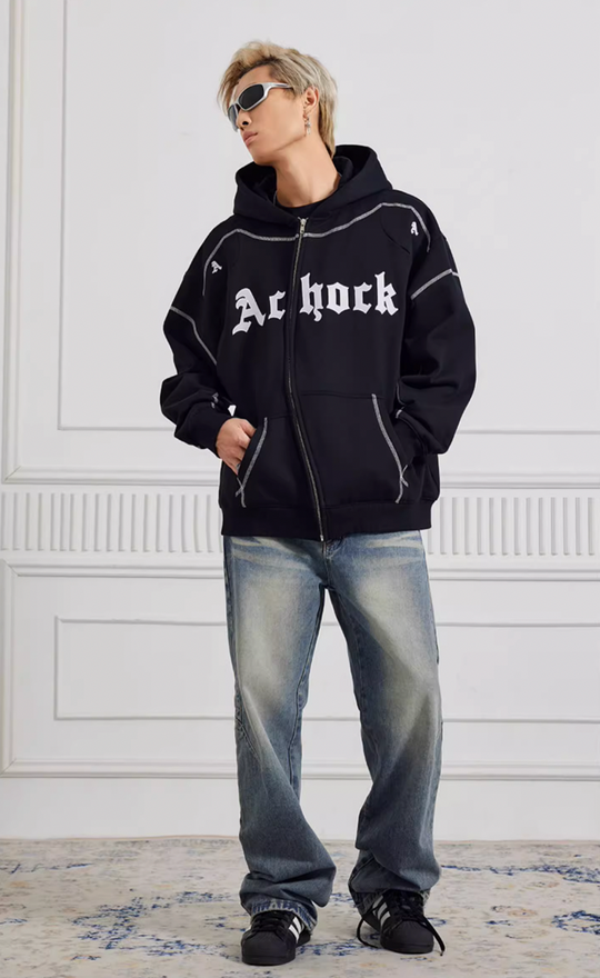 Puff print hoodies | Achock Heavy Embroidery Zipper Hoodie | Face 3 Face