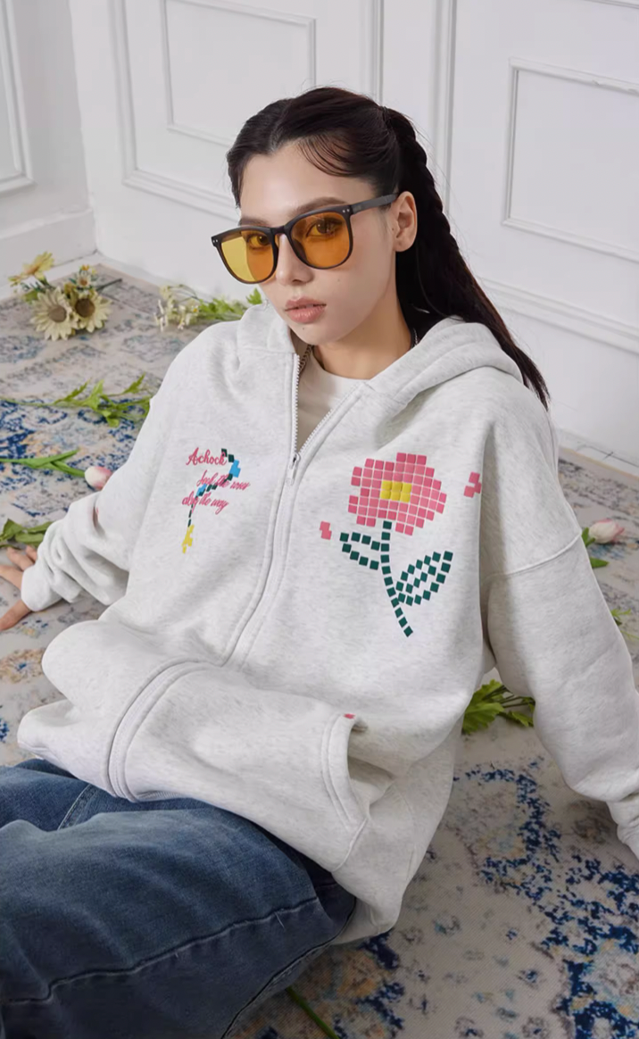 Achock Mosaic Flower Zipper Hoodie