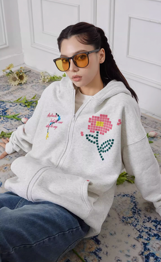 Achock Mosaic Flower Zipper Hoodie
