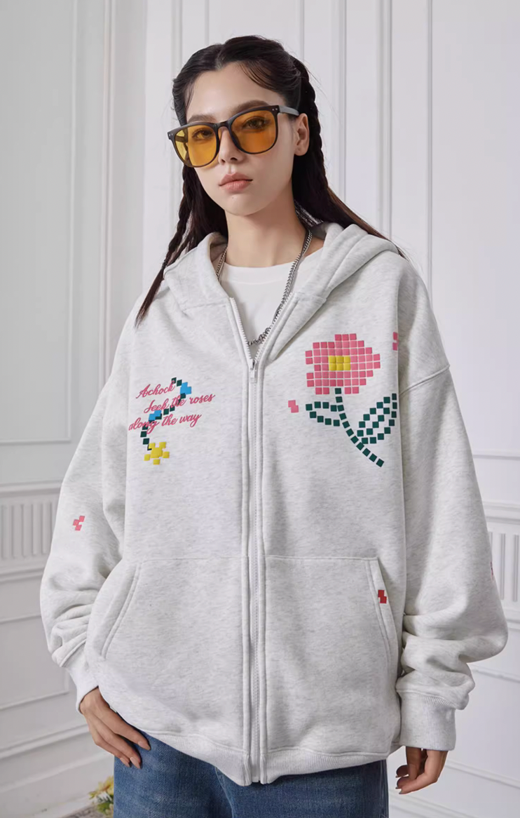 Achock Mosaic Flower Zipper Hoodie