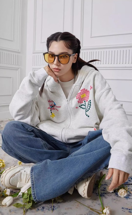 Achock Mosaic Flower Zipper Hoodie