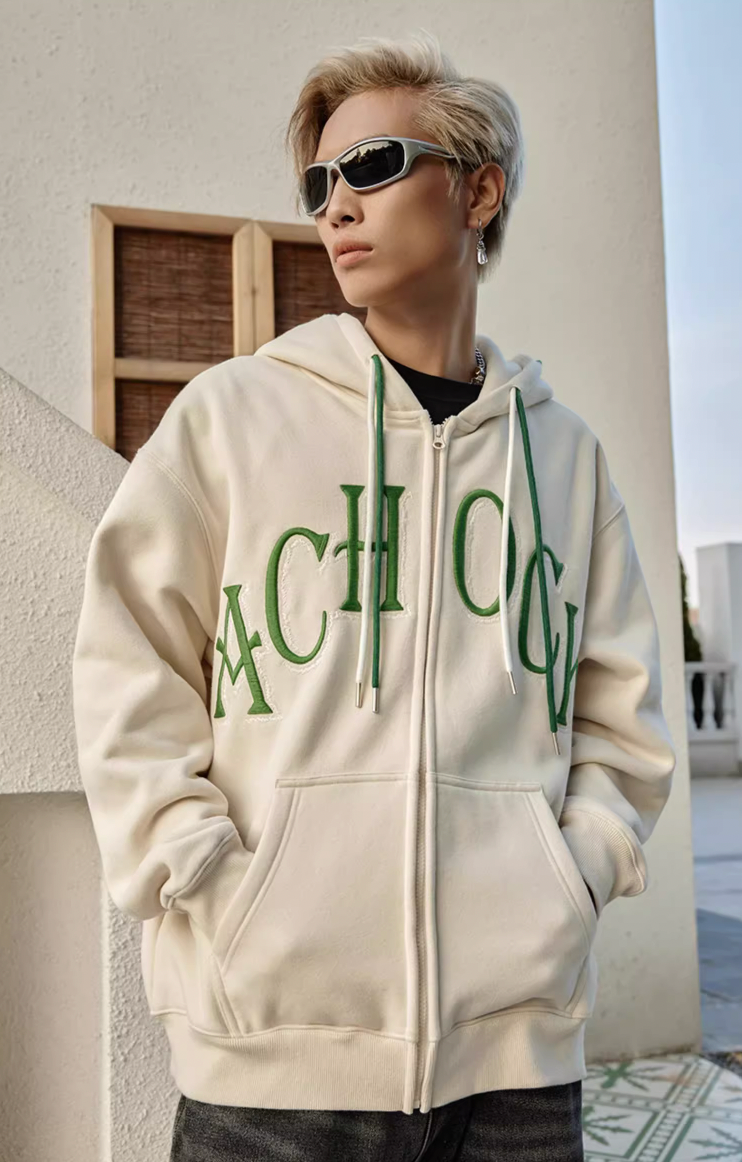 Puff print hoodies | Achock Double Hooded Rope Logo Zipper Hoodie | Face 3 Face