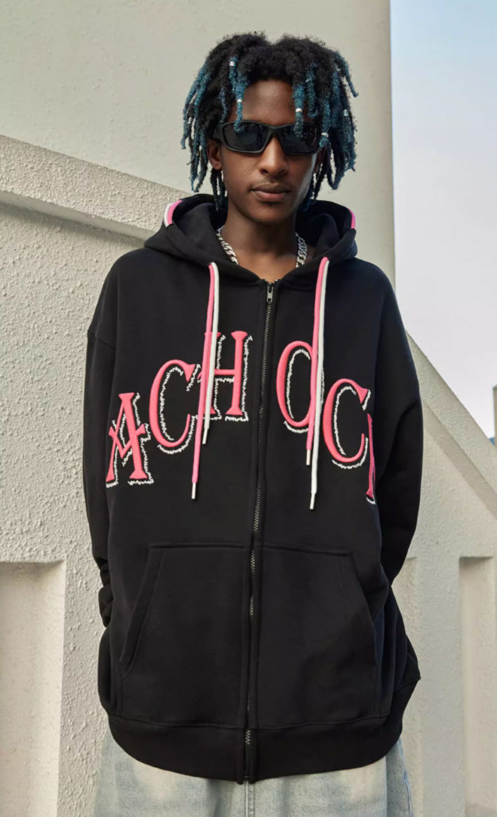 Puff print hoodies | Achock Double Hooded Rope Logo Zipper Hoodie | Face 3 Face