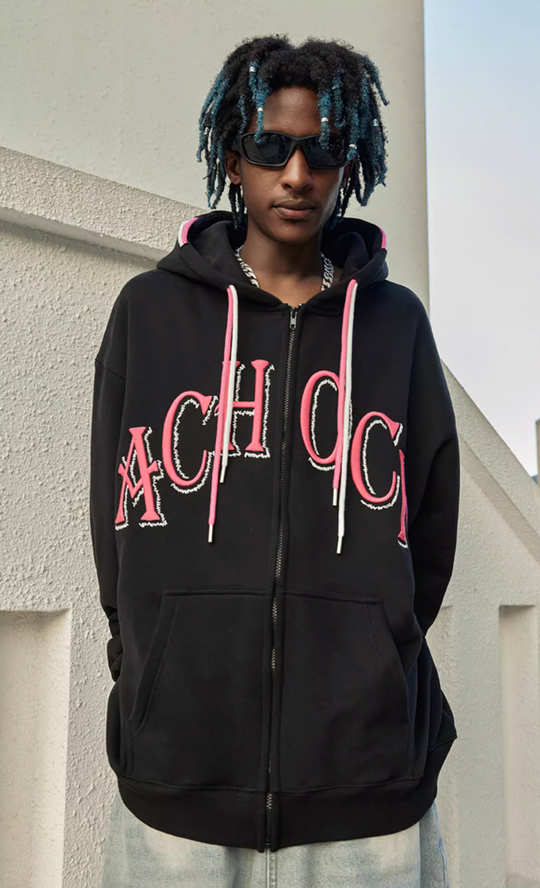 Puff print hoodies | Achock Double Hooded Rope Logo Zipper Hoodie | Face 3 Face
