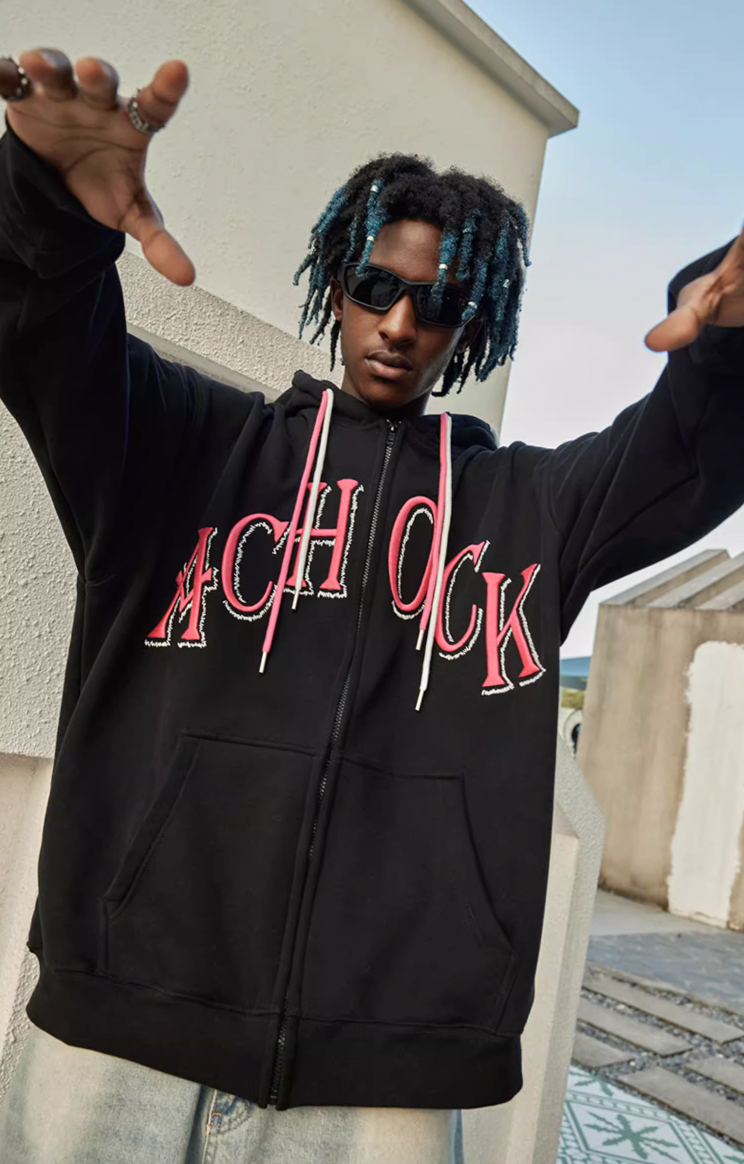 Puff print hoodies | Achock Double Hooded Rope Logo Zipper Hoodie | Face 3 Face