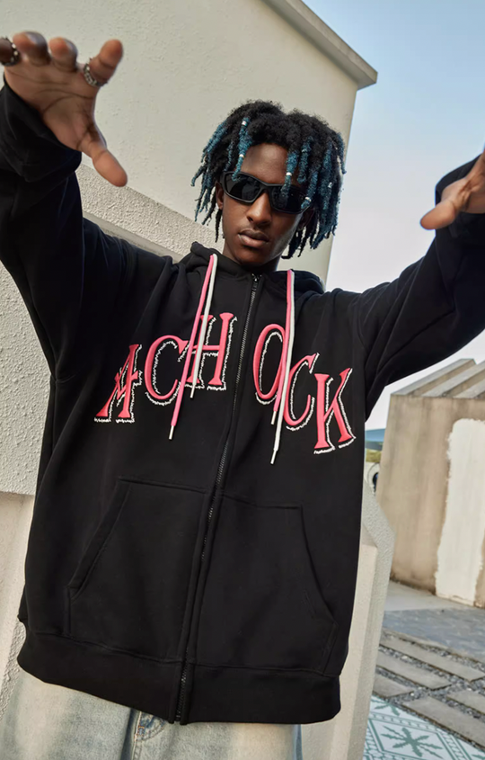 Puff print hoodies | Achock Double Hooded Rope Logo Zipper Hoodie | Face 3 Face