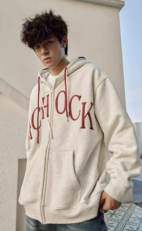 Puff print hoodies | Achock Double Hooded Rope Logo Zipper Hoodie | Face 3 Face