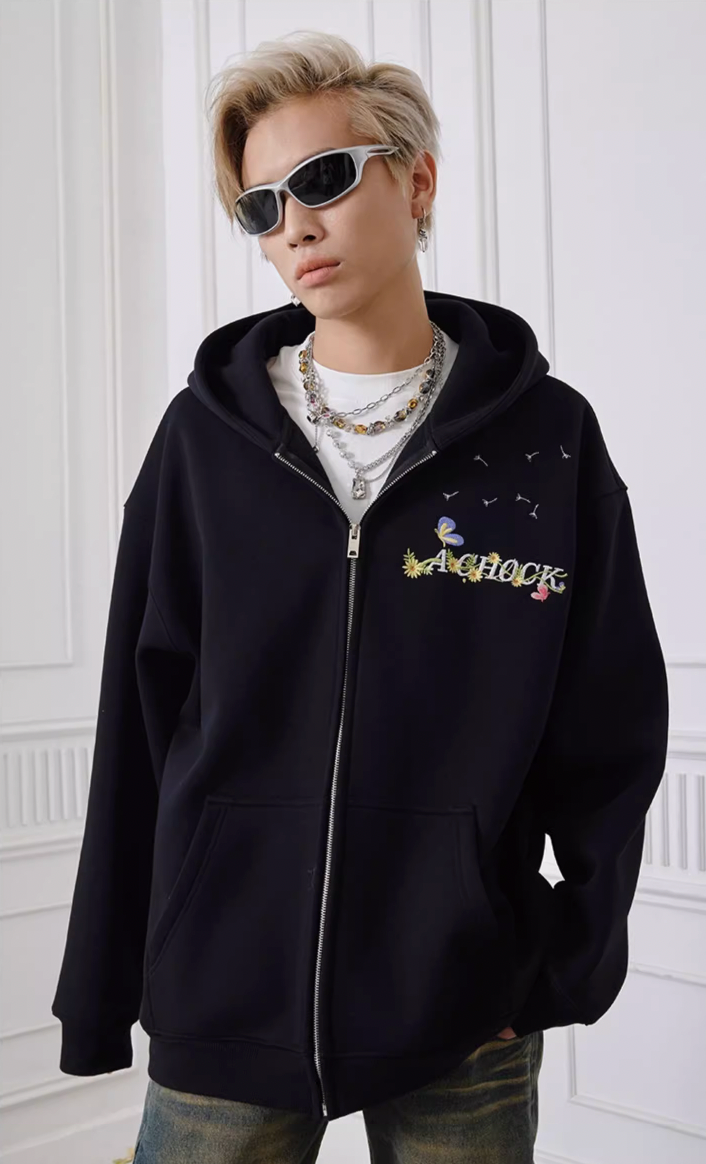 Achock Floral Embroidery Zipper Hoodie | Face 3 Face