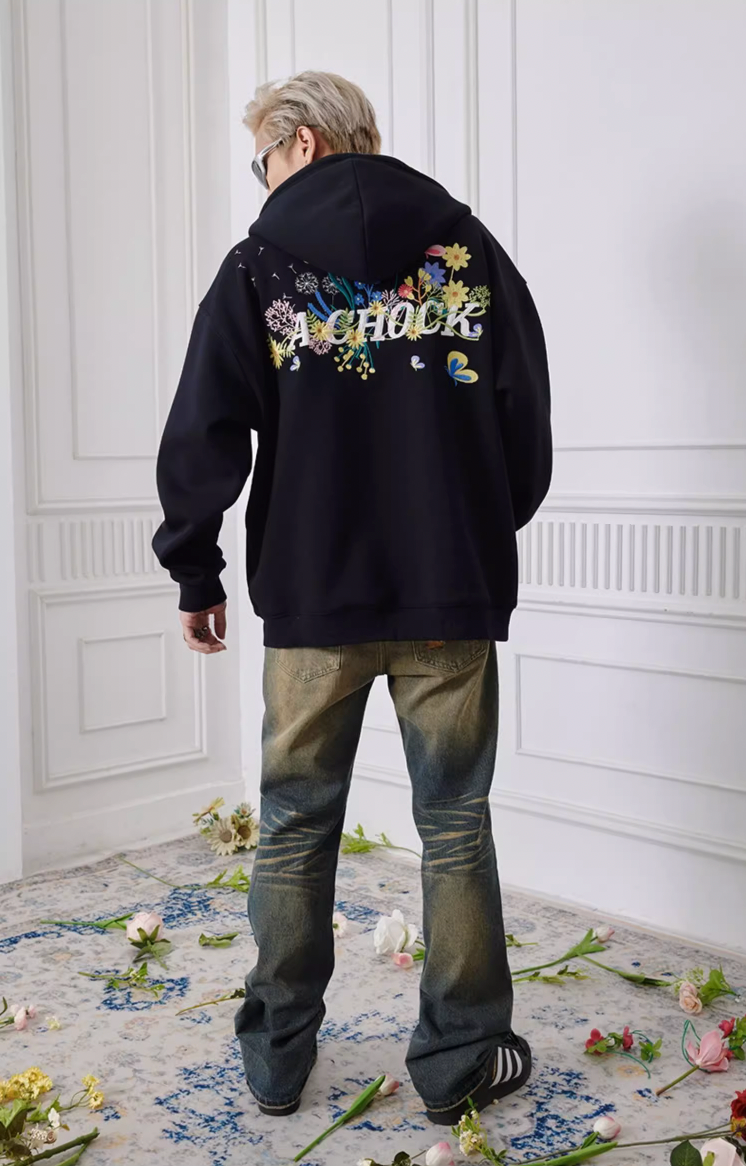 Achock Floral Embroidery Zipper Hoodie | Face 3 Face