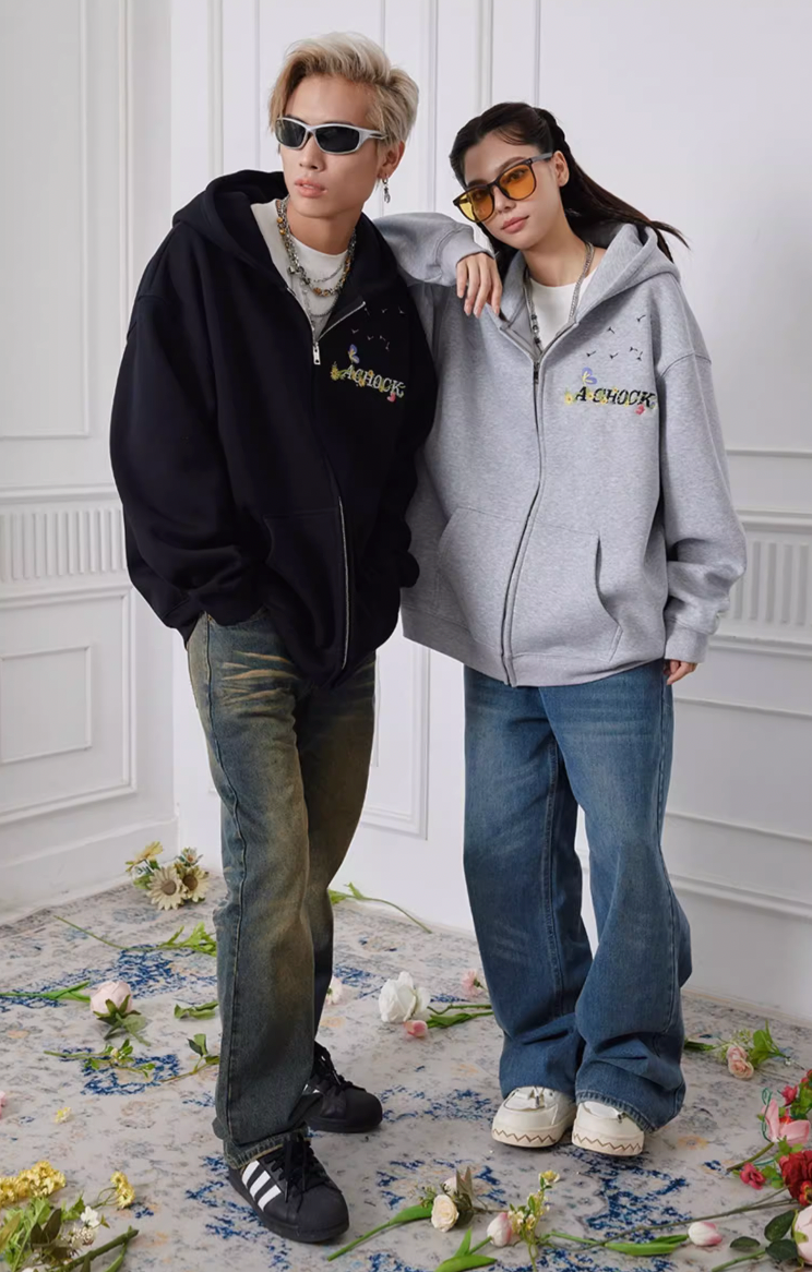 Achock Floral Embroidery Zipper Hoodie | Face 3 Face