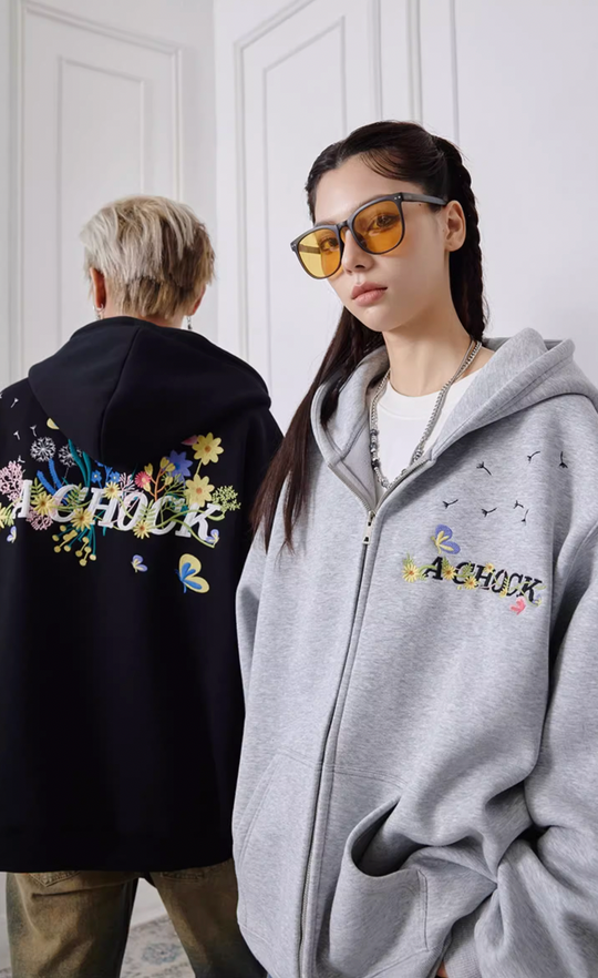 Achock Floral Embroidery Zipper Hoodie | Face 3 Face