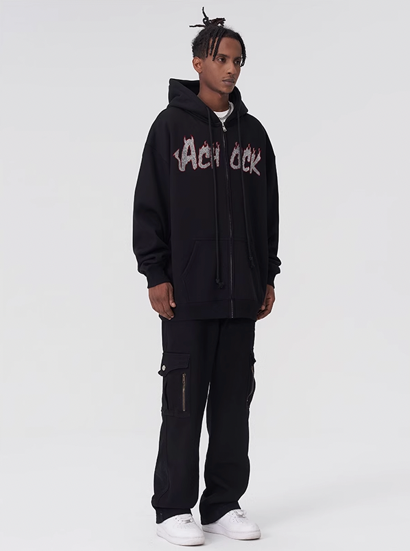 Achock Hot Rhinestone Fire Zipper Hoodie