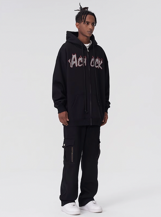 Achock Hot Rhinestone Fire Zipper Hoodie