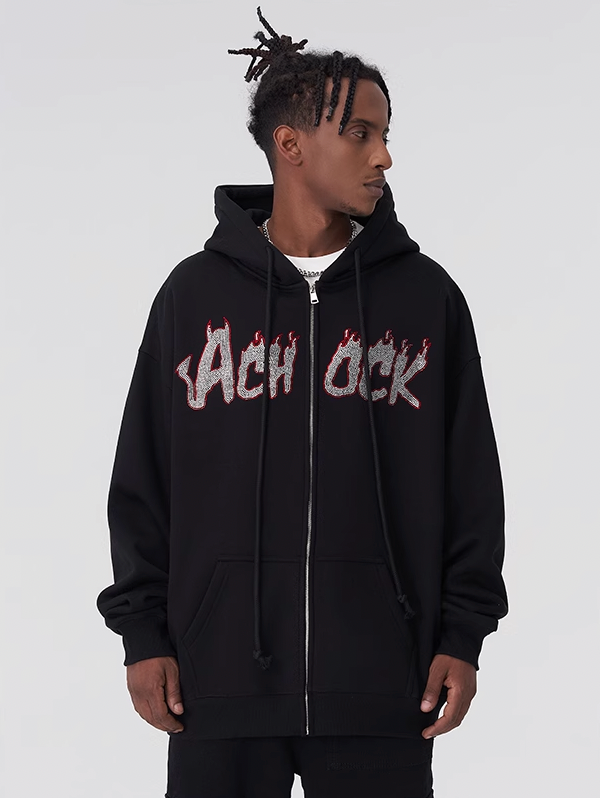 Achock Hot Rhinestone Fire Zipper Hoodie