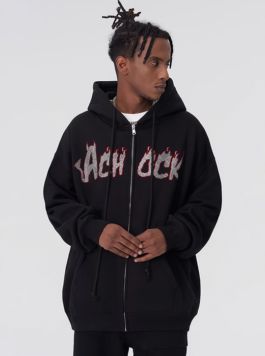 Achock Hot Rhinestone Fire Zipper Hoodie