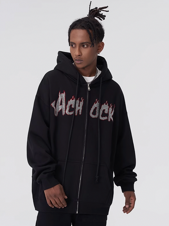 Achock Hot Rhinestone Fire Zipper Hoodie
